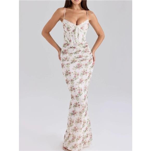 Lace Detail Sweetheart Neck Floral Print Maxi Dress - Picture 1 of 6